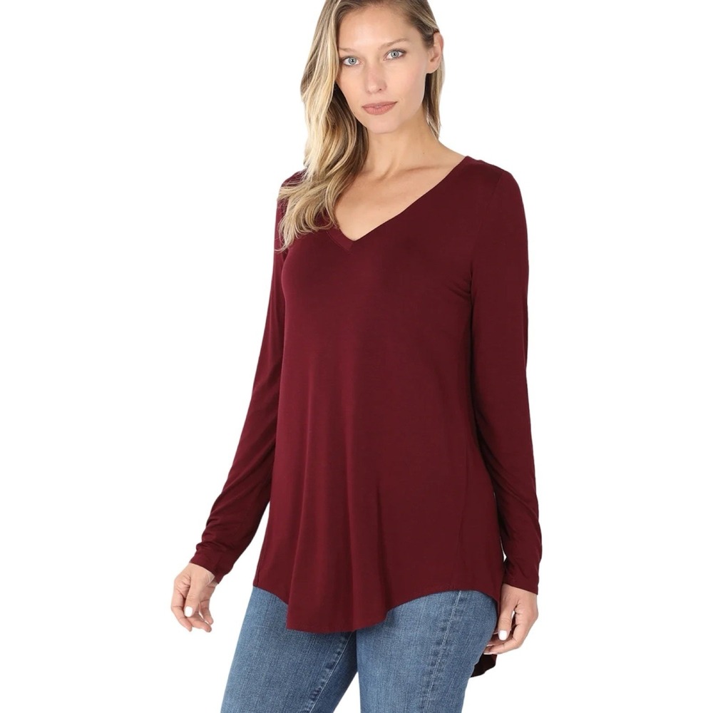 Zenana Women's Soft Rayon Long Sleeve Dolphin Hem V-Neck Tee Shirt Top Size XL